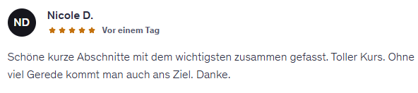 Udemy Videoschnitt Anfänger Kurs Teilnehmerinnen Bewertung mit 5 Sternen
